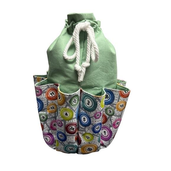 Hand Crafted Bingo Bag Dauber Bag Bingo Lover Handbag Drawstring Tote 10 pockets - Picture 1 of 16
